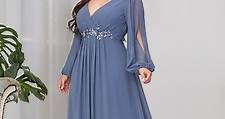 Stylish Plus Size Chiffon Formal Evening Dresses with Long Lantern Sleeves