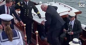 King Harald V of Norway arrives for official visit to Denmark, falls on the stairs