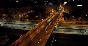 Aerial view of Budapest Margaret Bridge or Margit hid over the River Danube, embankment at night