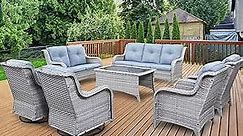 Belord Outdoor Wicker Furniture Patio Set - 7 Piece Backyard Furniture Light Grey Rattan Conversation Sets with Swivel Rocker Chairs, Rattan Sofa, Club Chairs and Coffee Table, Baby Blue Cushion