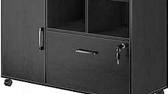 Rolanstar File Cabinet with Charging Station, Mobile Lateral Filing Cabinet with Locking Drawer, Printer Stand with Open Storage Shelf with Wheels, for Letter/Legal/A4 Size Files,Black
