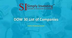Simply Investing Platform: DOW 30 List of Companies