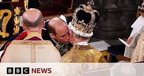 Prince William kisses King Charles on cheek in Coronation ceremony - BBC News