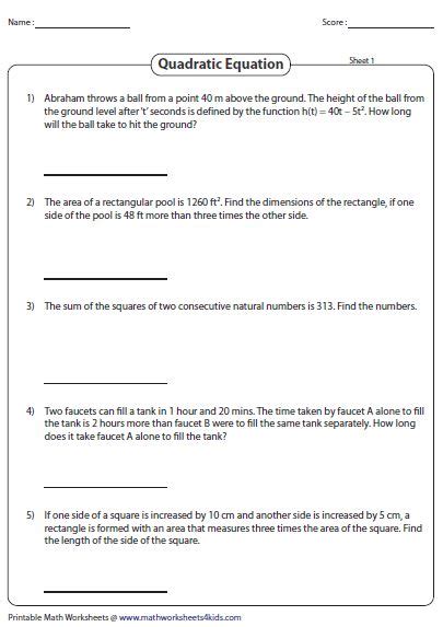 ? Solving quadratic equations word problems worksheet. Quadratic