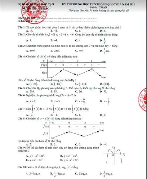 đáp án đề minh họa 2020 toán