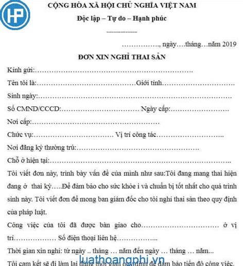 đơn xin nghỉ thai sản tiếng anh