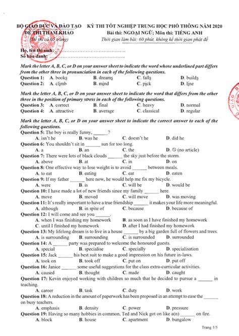 đề thi tốt nghiệp thpt năm 2020 môn tiếng anh