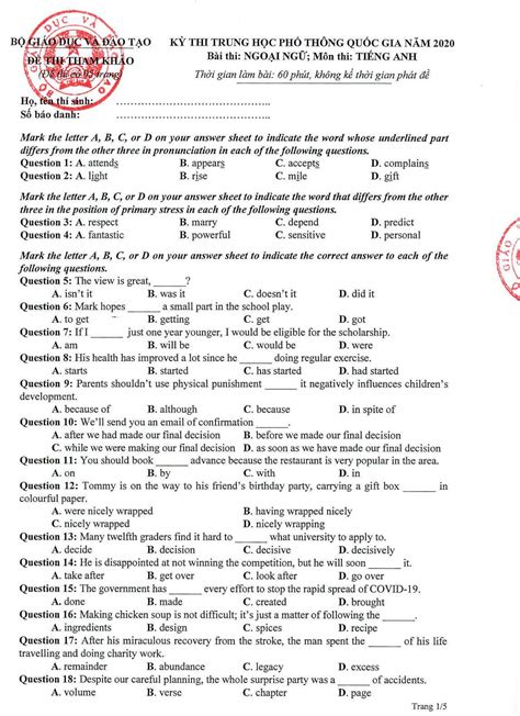 đề thi thử tiếng anh 2020