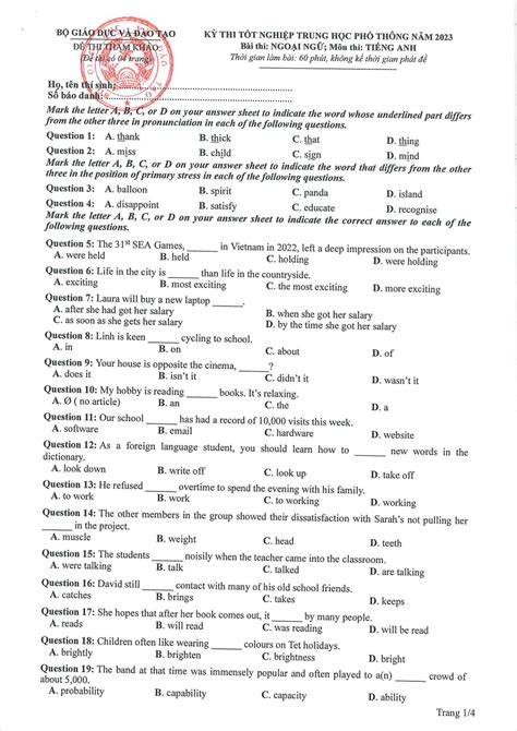 đề thi thpt quốc gia 2023 môn anh