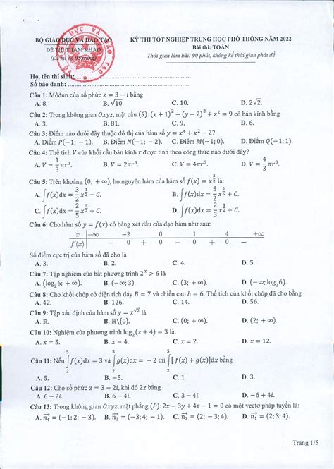 đề thi thptqg môn toán 2022