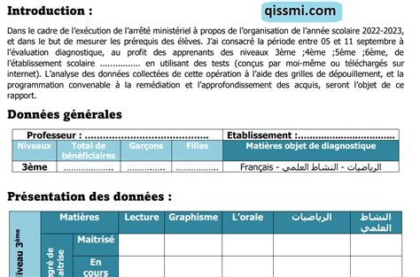 تقرير التقويم التشخيصي المستوى الثالث فرنسية