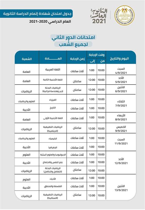 جدول اختبارات الدور الثاني