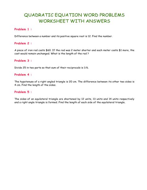 √ 20 Quadratic Equations Word Problems Worksheet | Simple Template Design