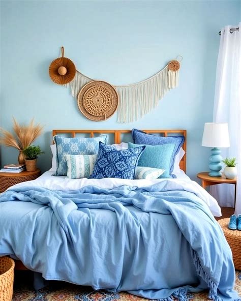 Boho Chic Light Blue Bedroom with Patterned Textiles