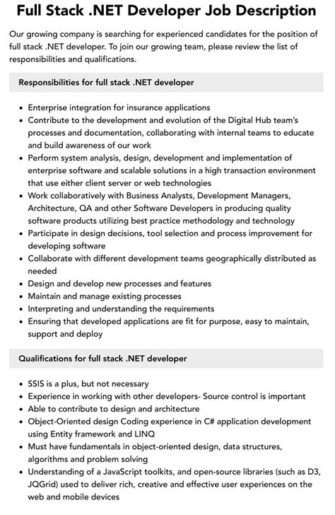 .net full stack developer job description