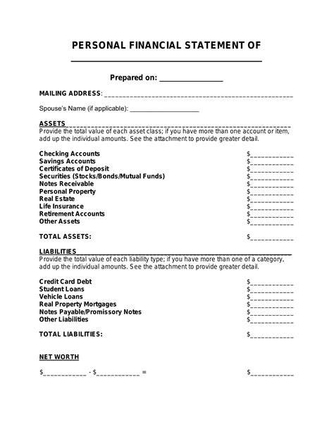 002 Generic Personal Financial Statement Form Pdf Template Pertaining