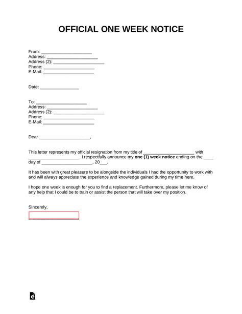 Free Download One Week Notice Letter Sample Templates