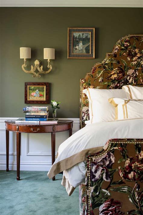 1. Add character in a green bedroom with a shapely, patterned headboard