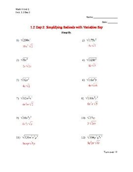 1.2 Day 2 Simplifying Radicals with Variables Worksheet by Keep It