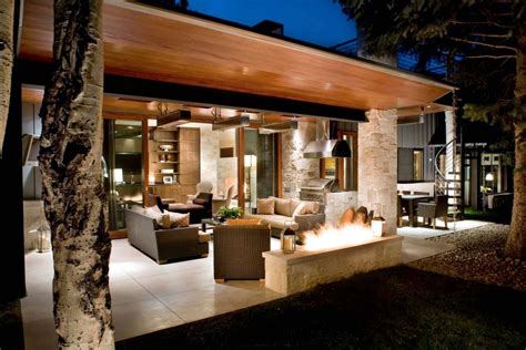 Modern garden design outdoor room with kitchen seating hardwood screen