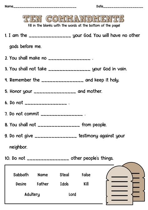 10 commandments for kids worksheet