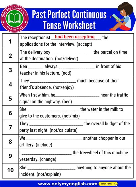 10 examples of past perfect continuous tense exercises
