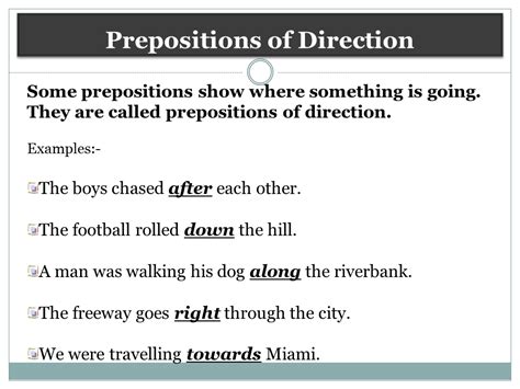 10 examples of preposition of direction in sentences