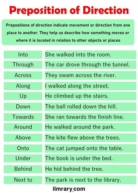 10 examples of preposition of direction with answers