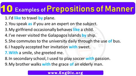 10 examples of preposition of manner with answers