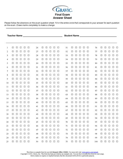 100 Question Printable Answer Sheet Pdf