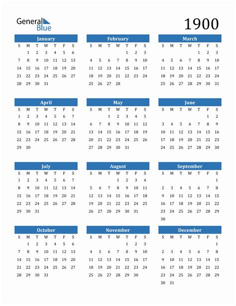 100 Years Calendar 1900 To 2000