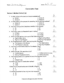 100 Questions Constitution Test Multiple Choice Printable