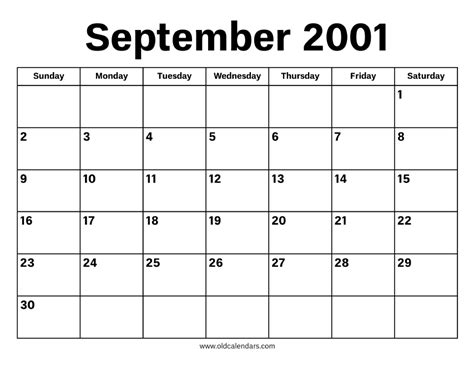 11 September 2001 Calendar