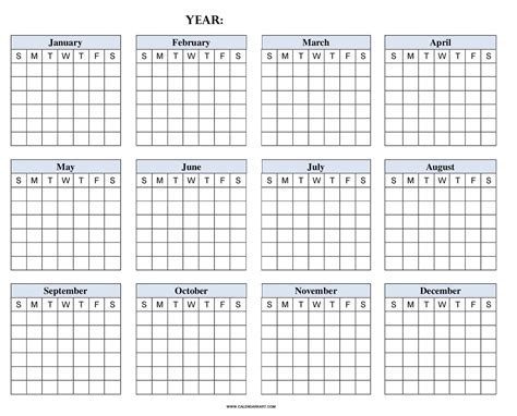 12 Month Blank Yearly Calendar