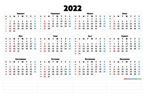 12 Month Printable Calendar 2022