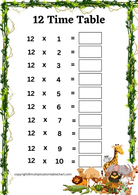 12 Times Table Worksheet Free Printable