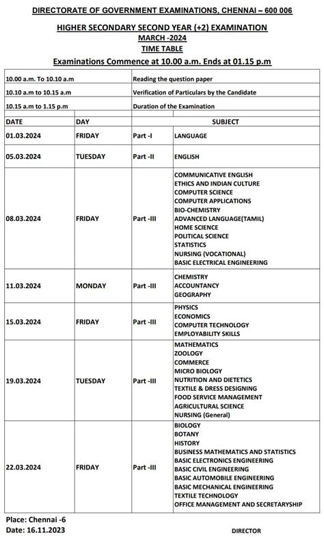 12th board exam time table 2024 tamil nadu