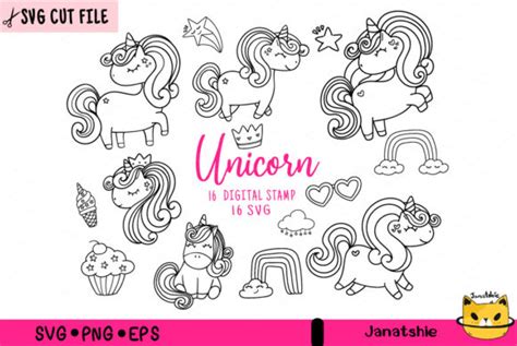 Download 16magical UNICORN Outline Digital Stamp Files
