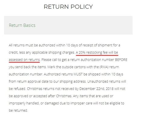 18% restocking fee return policy