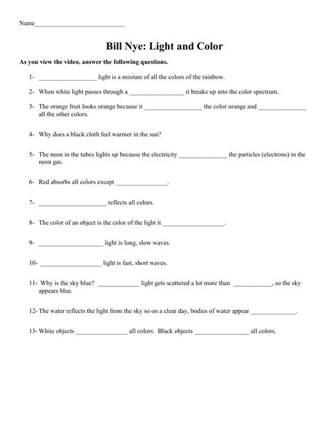 18 Best Images of Light Worksheets With Answers - Bill Nye Light and