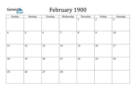 1900 Calendar February
