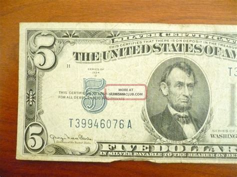 1934 A 5 Dollar Bill Silver Certificate Blue Seal Note Paper Money Old