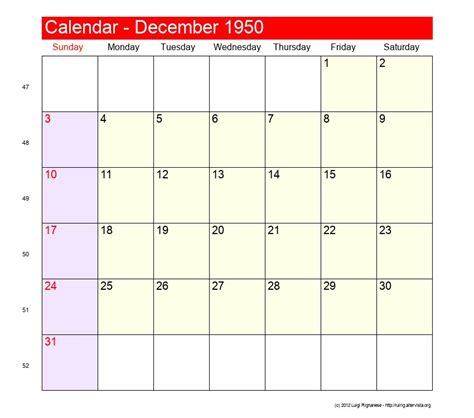1950 December Calendar