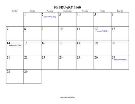 1960 February Calendar