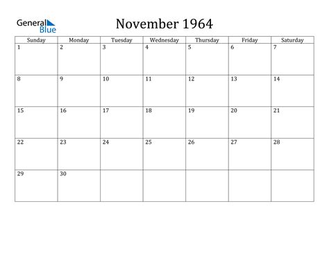 1964 November Calendar