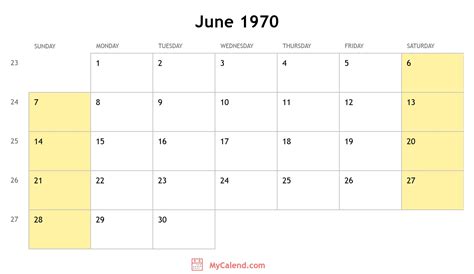 1970 Calendar June
