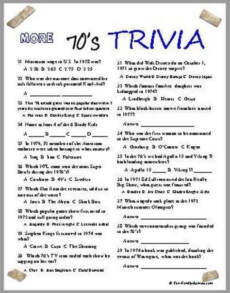 1970s Trivia Questions And Answers Printable