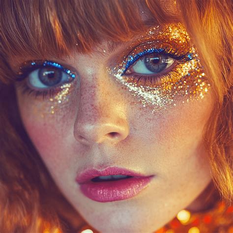 Image of 1970s disco makeup with shimmering eyeshadow and bold eyeliner.