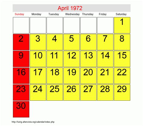 1972 Calendar April
