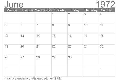 1972 June Calendar